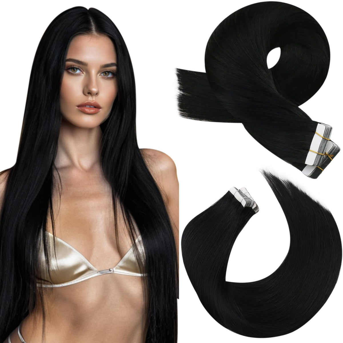 Moresoo black tape-in extensions packaging highlights easy styling setup