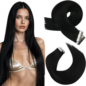 Moresoo black tape-in extensions packaging highlights easy styling setup