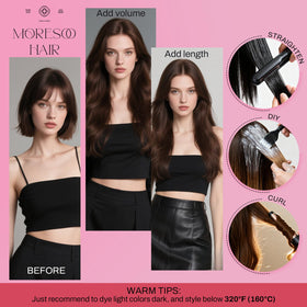 Moresoo heat-safe styling demonstration illustrates curling or straightening versatility.