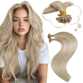 Moresoo K Tip extensions in ash blonde highlight blend naturally with hair.