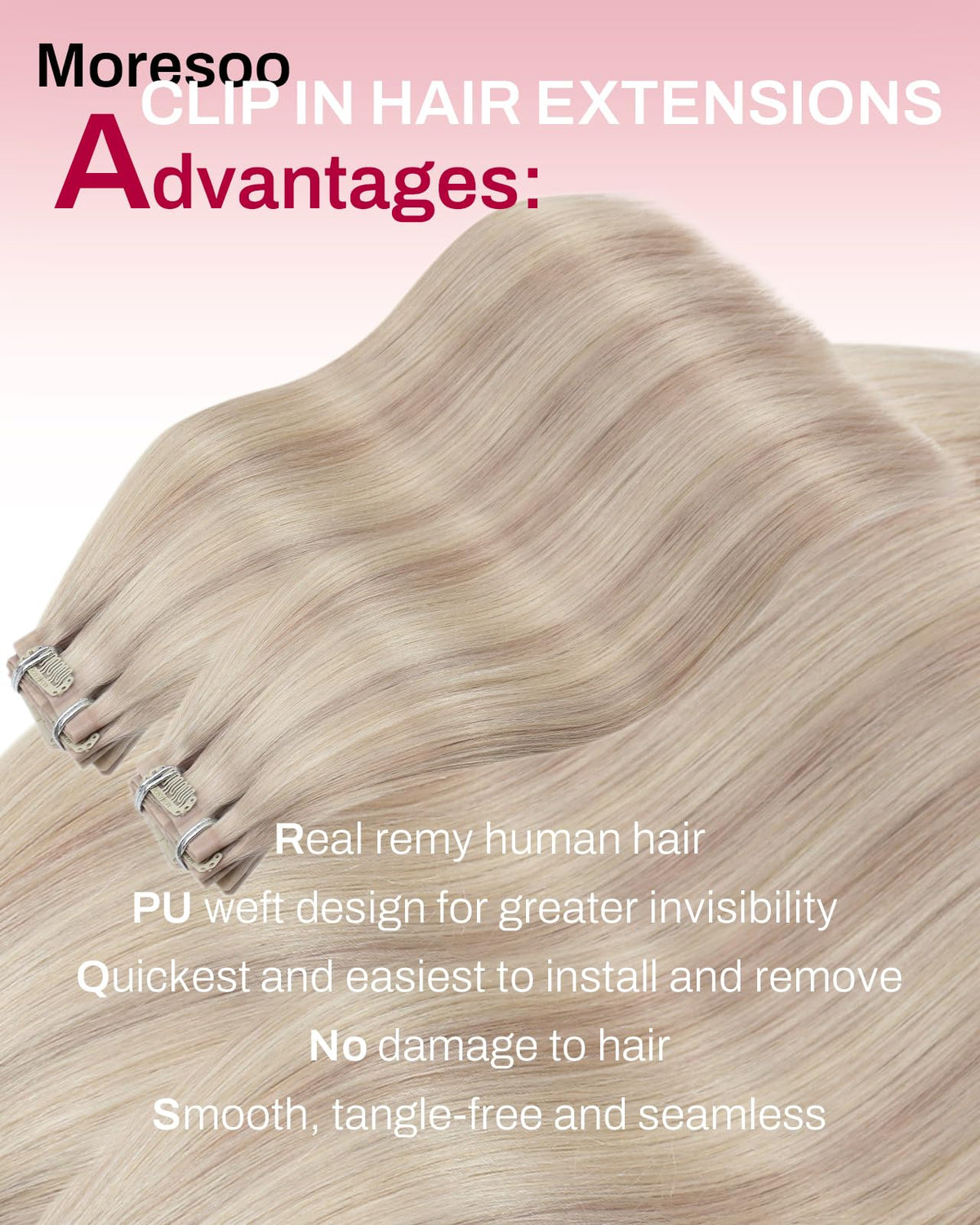 Moresoo real-human-hair clip-in weft close-up shows soft texture and shine.