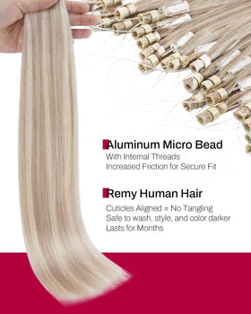 Moresoo Remy hair microlink extensions close-up highlights smooth color blending