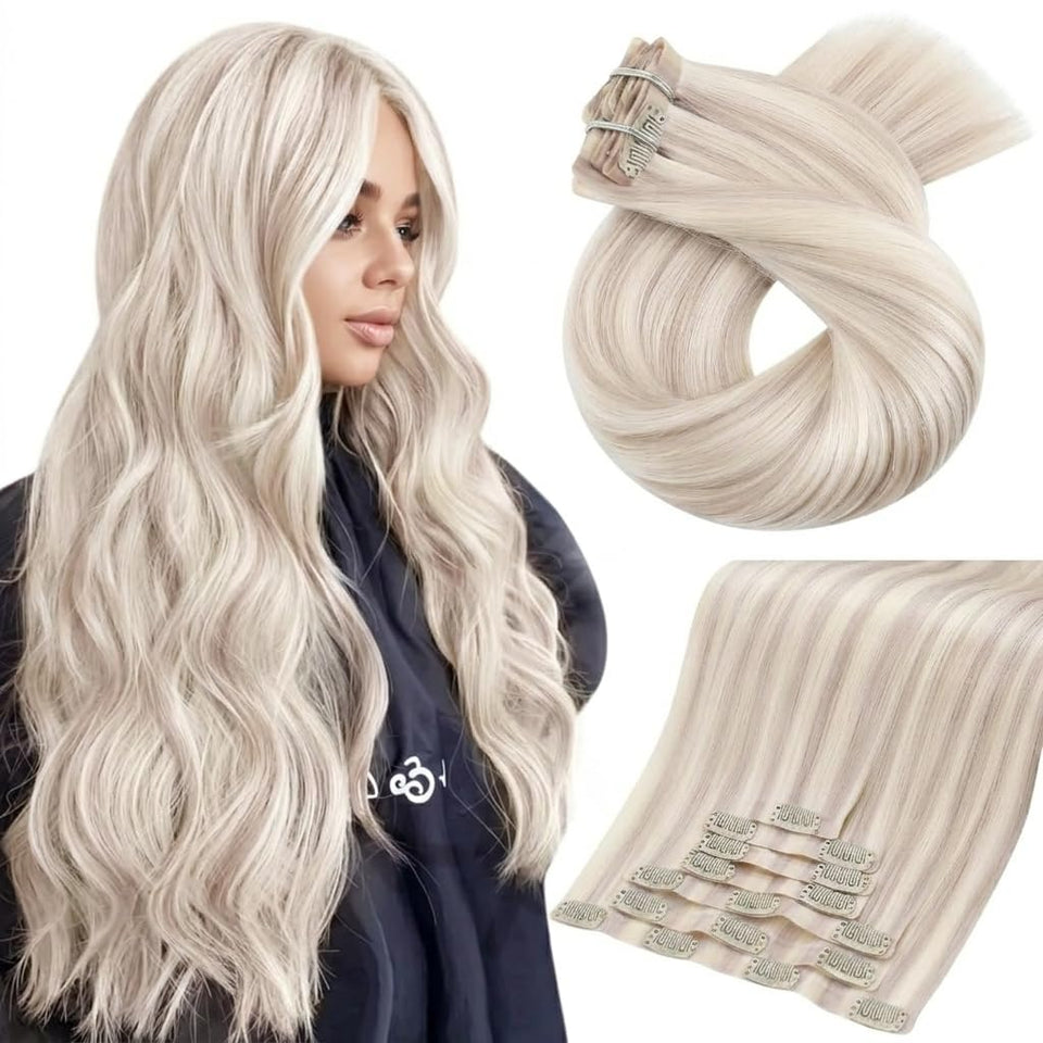 Moresoo seamless clip-in extensions in ash to bleach blonde for natural-looking blend.