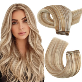Moresoo sew-in extensions with blonde highlights blend naturally for added volume.