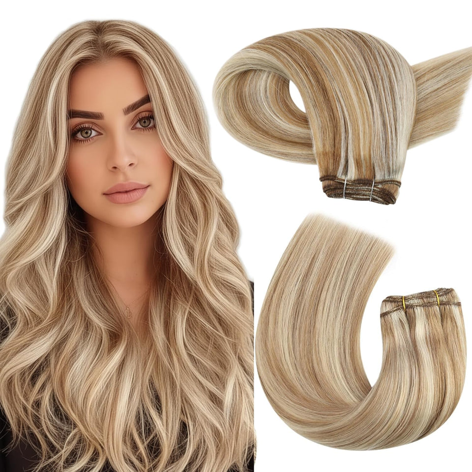 Moresoo sew-in extensions with blonde highlights blend naturally for added volume.