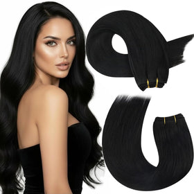 Moresoo sew-in extensions in real human hair offer natural jet-black color and instant volume.