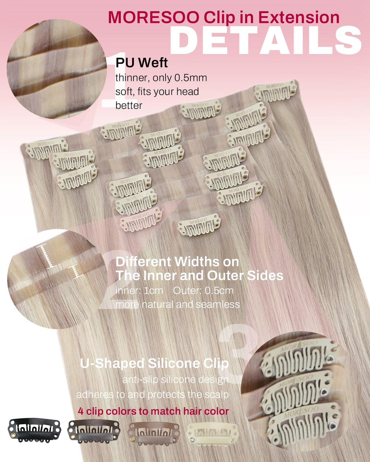 Moresoo silicone-lined clips provide secure grip with gentle scalp feel.