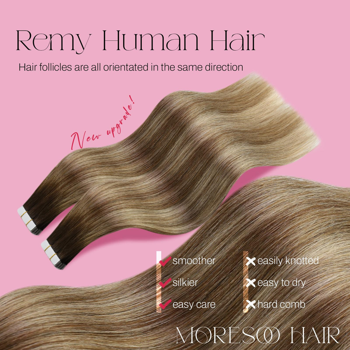 Moresoo tape-in extensions close-up reveals ultra-thin skin weft for discreet wear