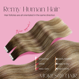 Moresoo tape-in extensions close-up reveals ultra-thin skin weft for discreet wear