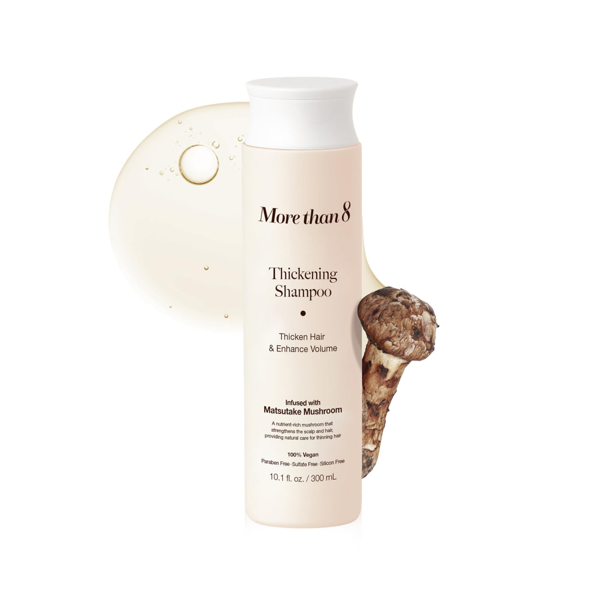 Morethan8 Matsutake shampoo bottle front shows vegan thickening formula for fuller hair
