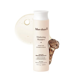 Morethan8 Matsutake shampoo bottle front shows vegan thickening formula for fuller hair
