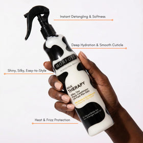 Morfose leave-in spray on damp hair highlights hydration and effortless frizz control.