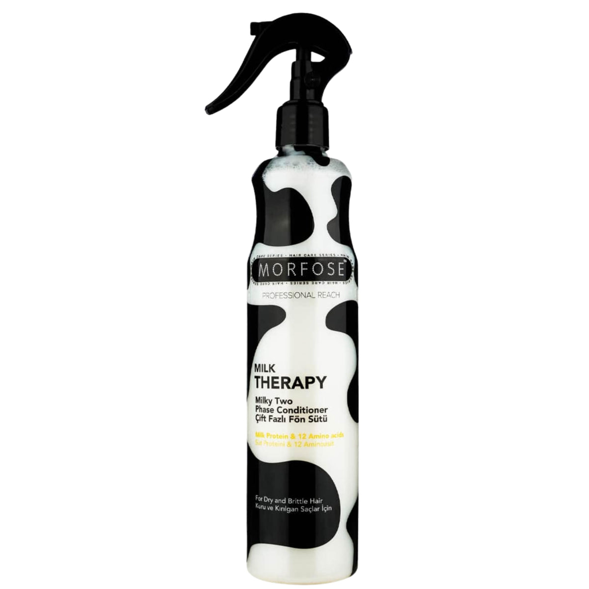 Morfose Milk Therapy two-phase bottle demonstrates nourishing and detangling benefits for hair.