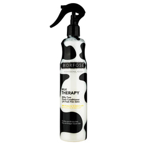 Morfose Milk Therapy two-phase bottle demonstrates nourishing and detangling benefits for hair.