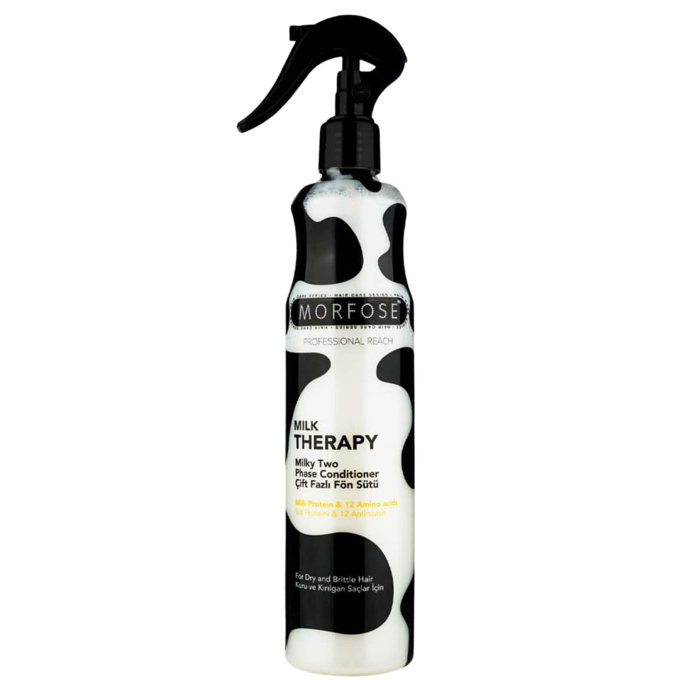 Morfose Milk Therapy two-phase bottle demonstrates nourishing and detangling benefits for hair.