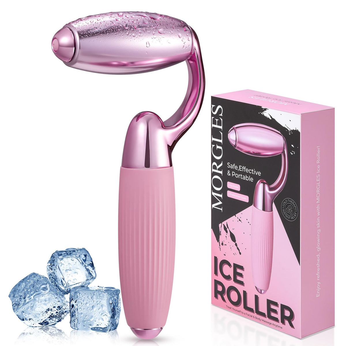 MORGLES Ice Roller for face with pink head glides softly to reduce puffiness