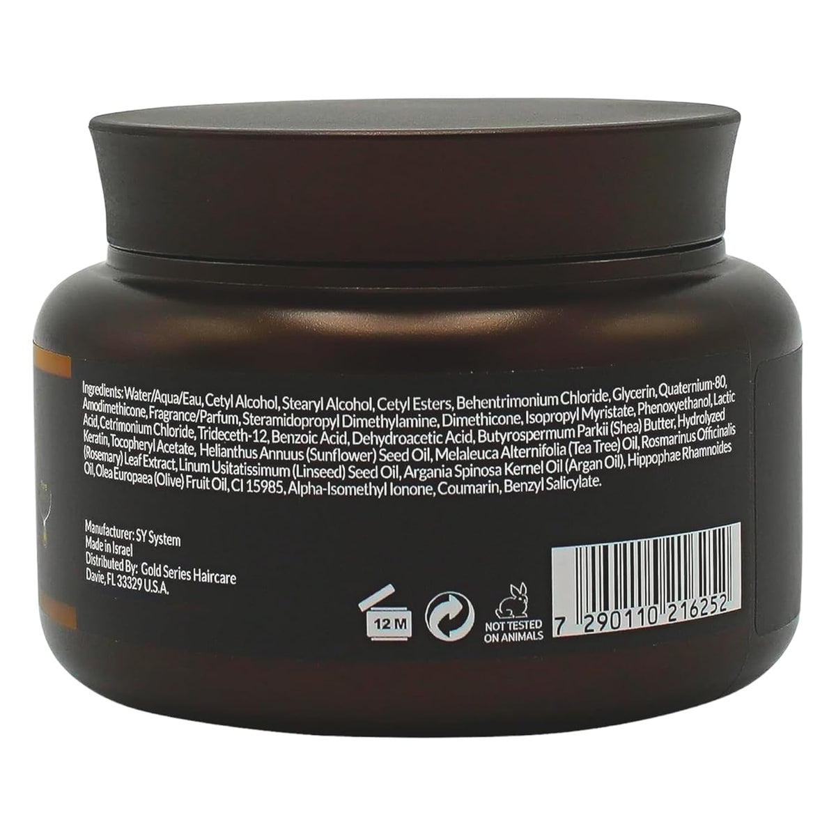 Moroccan Gold Series argan oil mask ingredients signaling nourishing shine for dry hair.