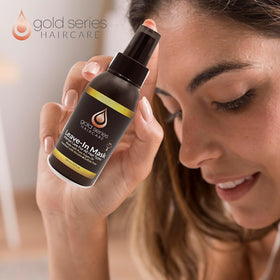 Close-up of Moroccan Gold Series packaging; highlights heat and UV protection capability.
