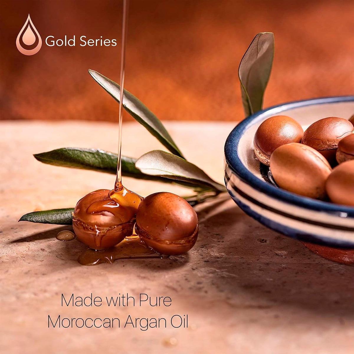 Moroccan Gold Series keratin-enriched mask close-up indicating repair support for hair.