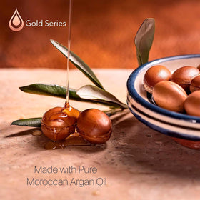 Moroccan Gold Series keratin-enriched mask close-up indicating repair support for hair.