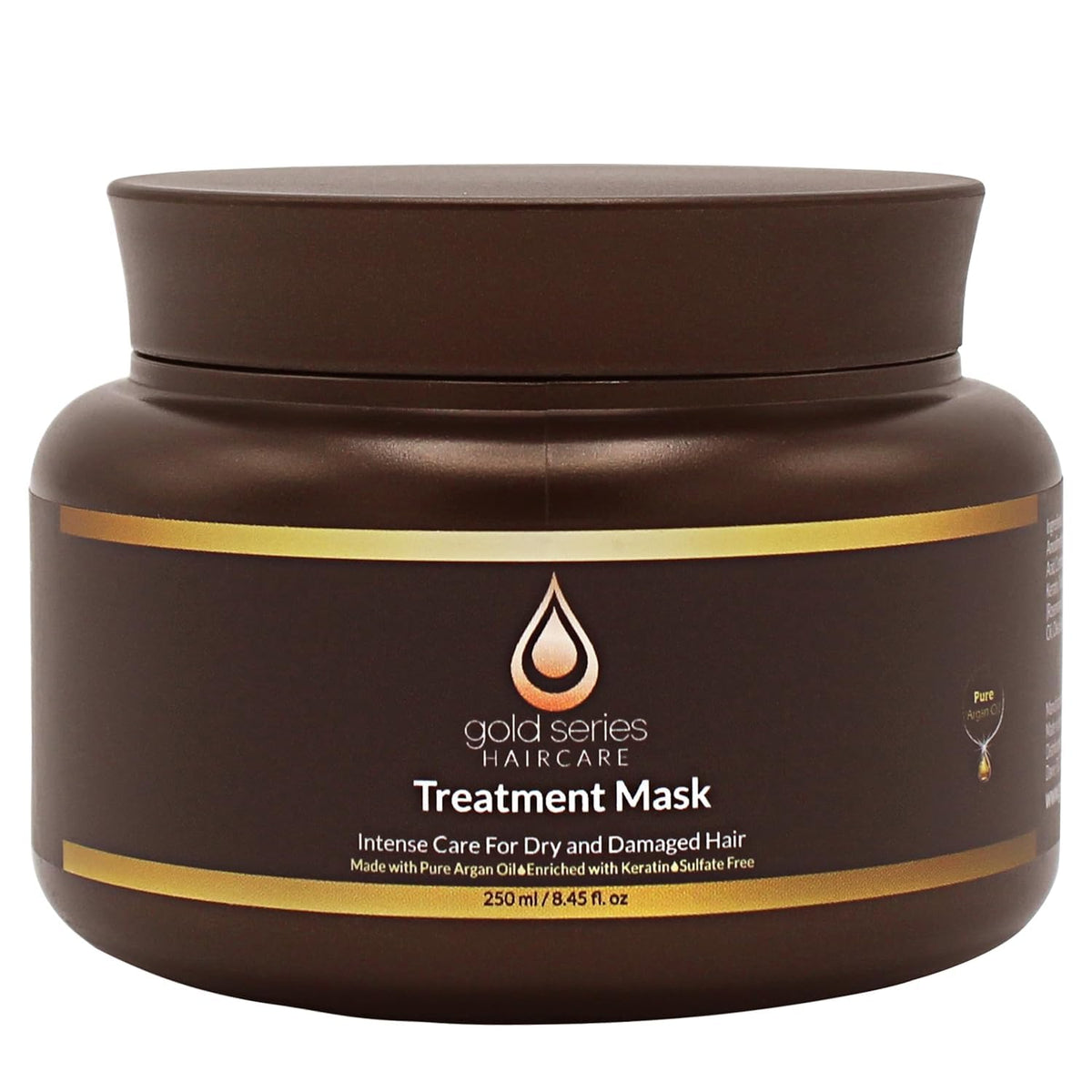 Moroccan Gold Series treatment mask jar close-up showing rich hydration for hair.