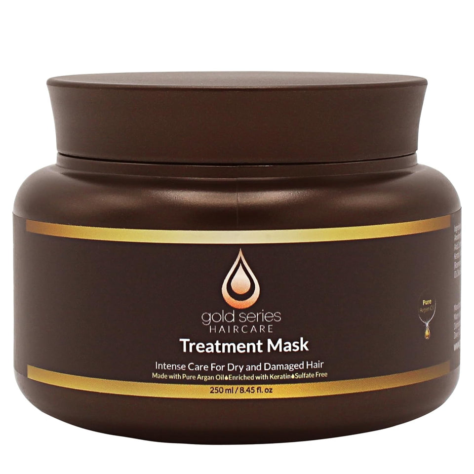 Moroccan Gold Series treatment mask jar close-up showing rich hydration for hair.