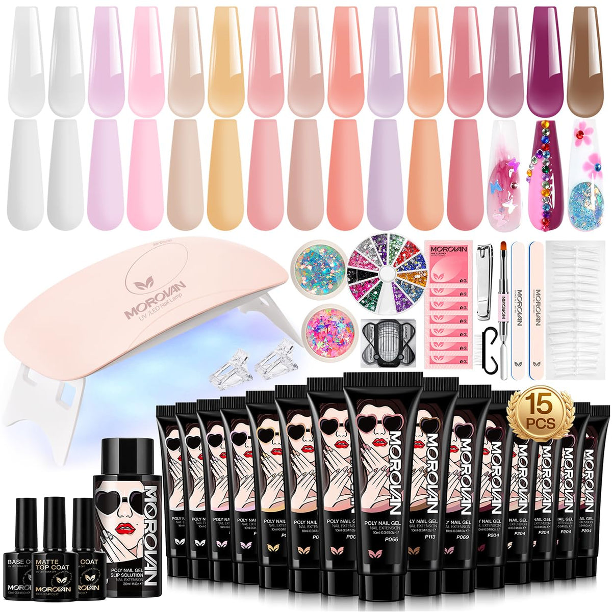 Morovan 15-color poly gel set for versatile at-home nail art