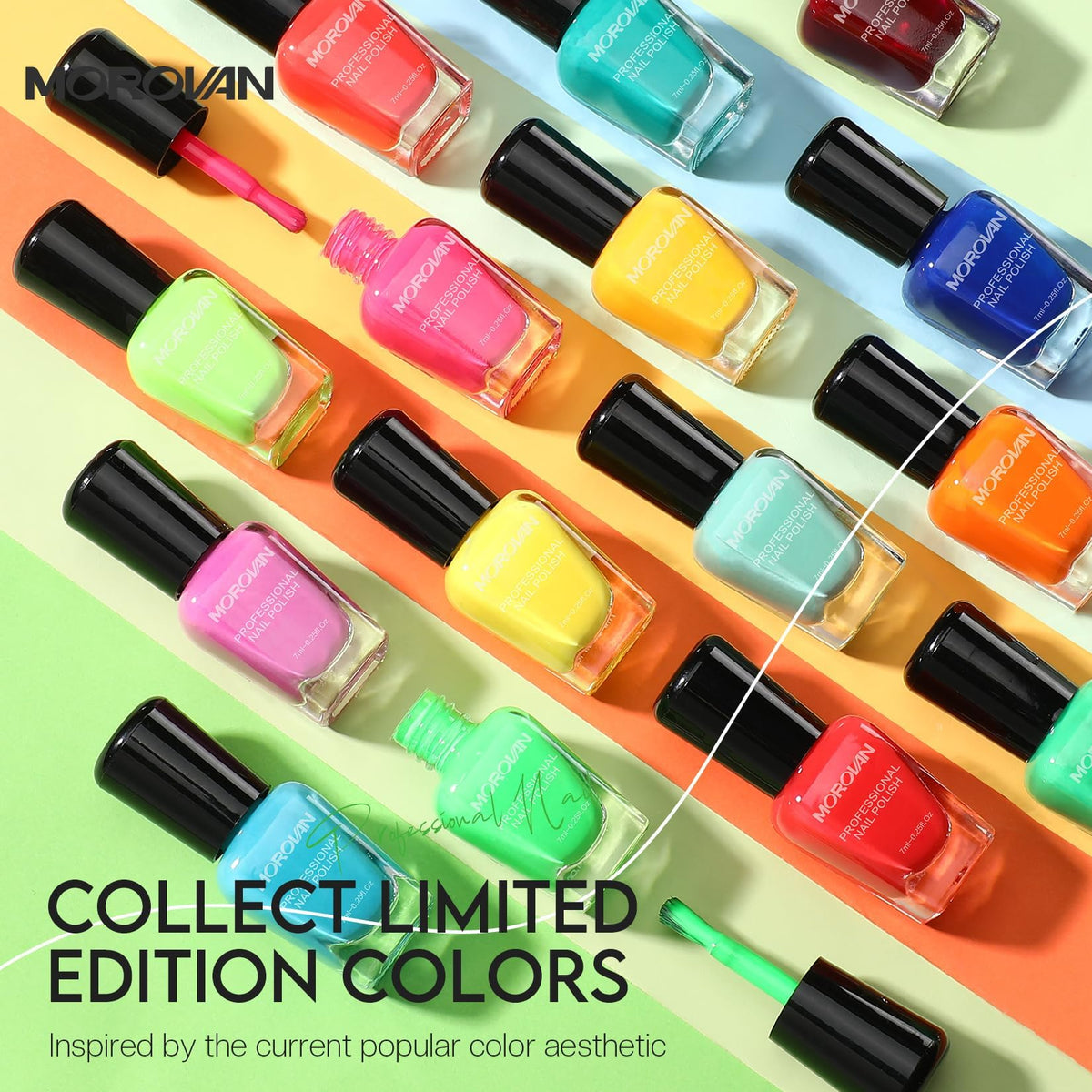 Swatches of Morovan 15-color neon palette showing bold hues and coverage
