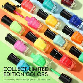 Swatches of Morovan 15-color neon palette showing bold hues and coverage