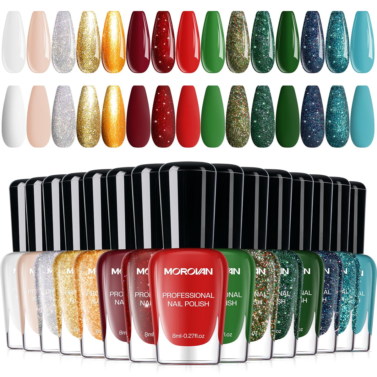 Morovan Christmas nail polish set in festive shades for holiday manicures.