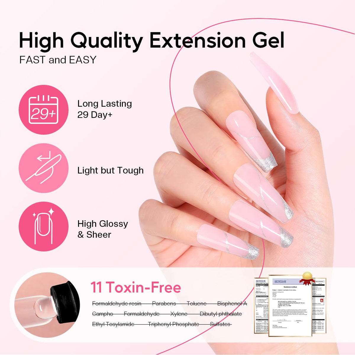 Morovan pink glitter poly gel for glamorous nails