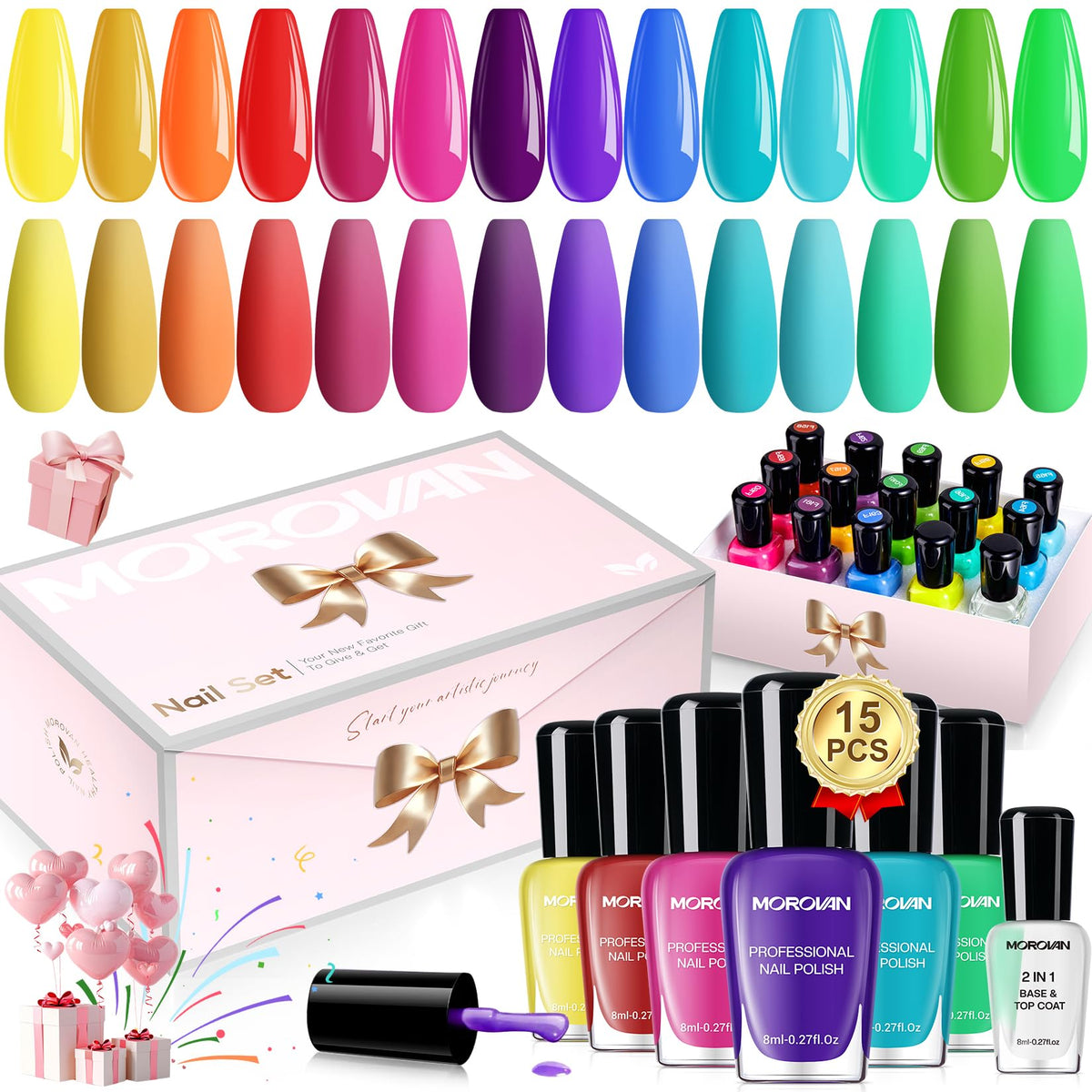 Morovan nail polish set with bright rainbow colors and high gloss.