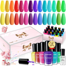 Morovan nail polish set with bright rainbow colors and high gloss.
