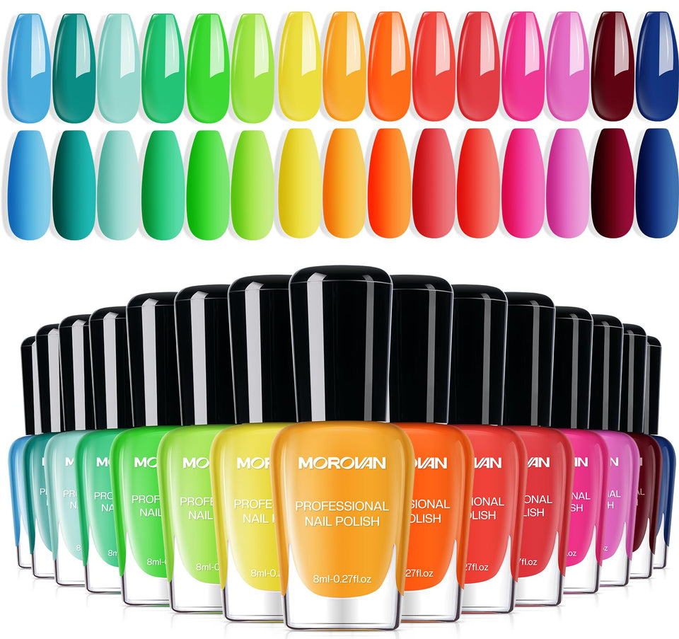 Morovan neon rainbow nail polish set with 15 colors displayed for spring and summer