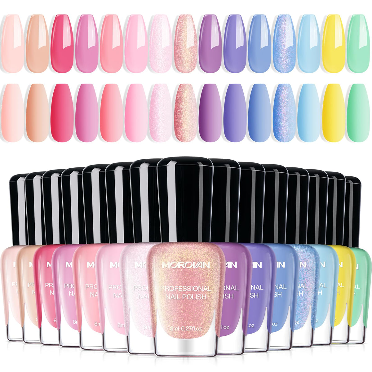 Morovan Pastel Nail Polish Set front view shows 15 spring shades for fresh looks