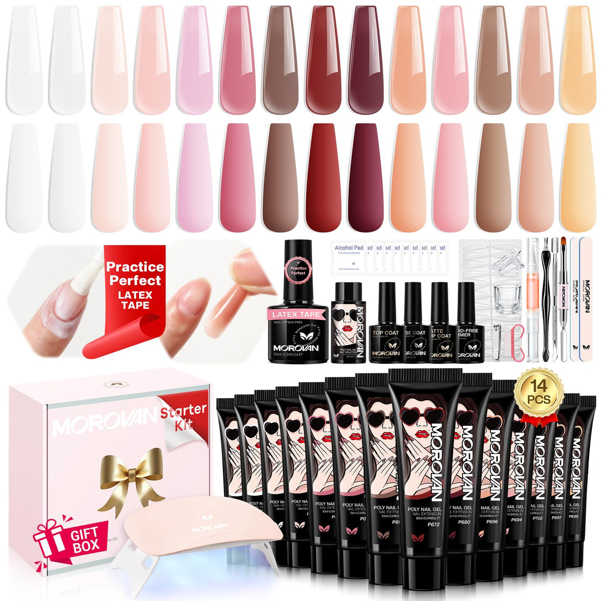 Morovan poly gel kit color swatches show vibrant hues for home manicures