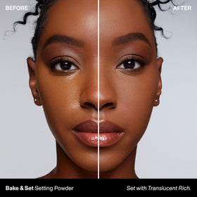 MORPHE Bake & Set loose powder swatch demonstrating sheer coverage
