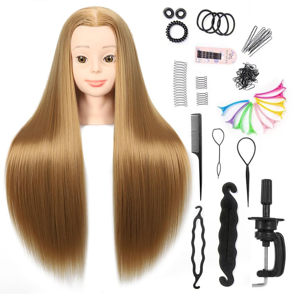 MORRIS blonde 28-inch synthetic fiber mannequin head, ideal for braiding practice.