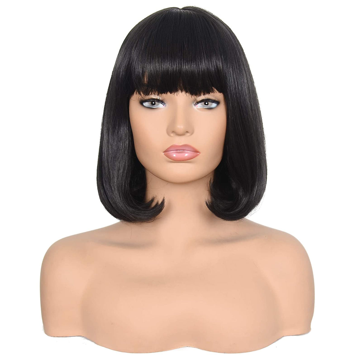 Morvally short black bob wig with bangs, 14 inches, ideal for daily wear.