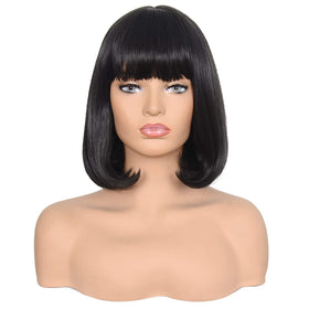 Morvally short black bob wig with bangs, 14 inches, ideal for daily wear.