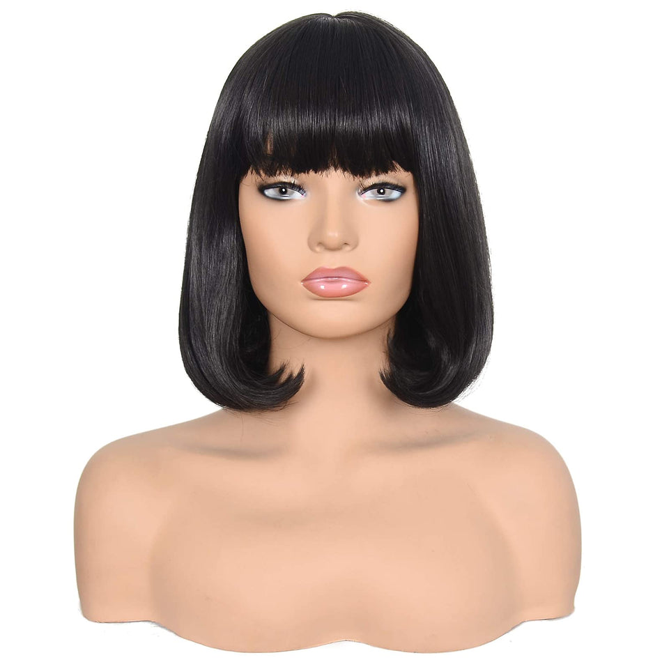 Morvally short black bob wig with bangs, 14 inches, ideal for daily wear.