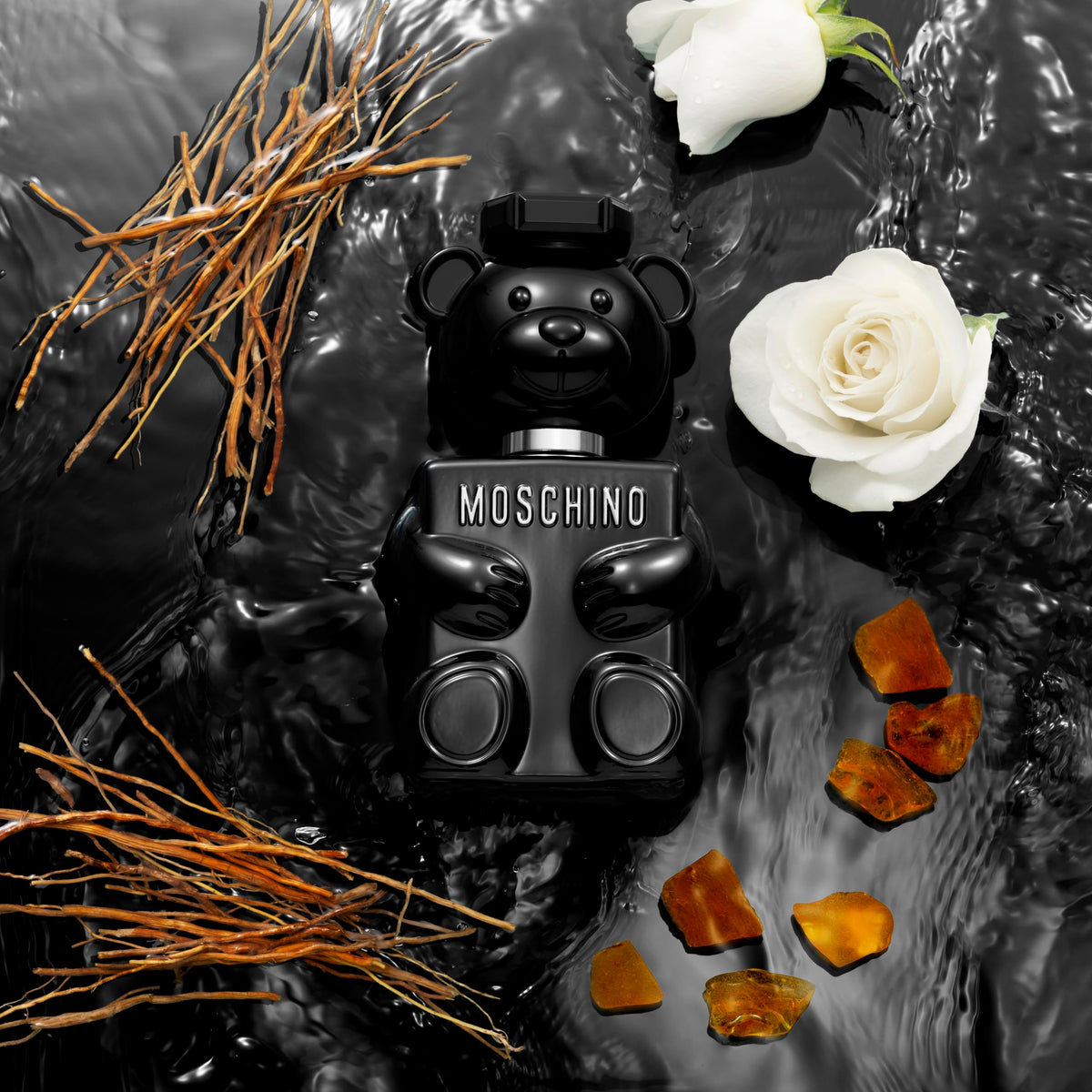 Moschino Toy Boy glossy black teddy bottle exemplifies bold, playful style.