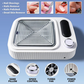 MOSKANY 80W nail dust collector side angle demonstrates compact footprint for studios.