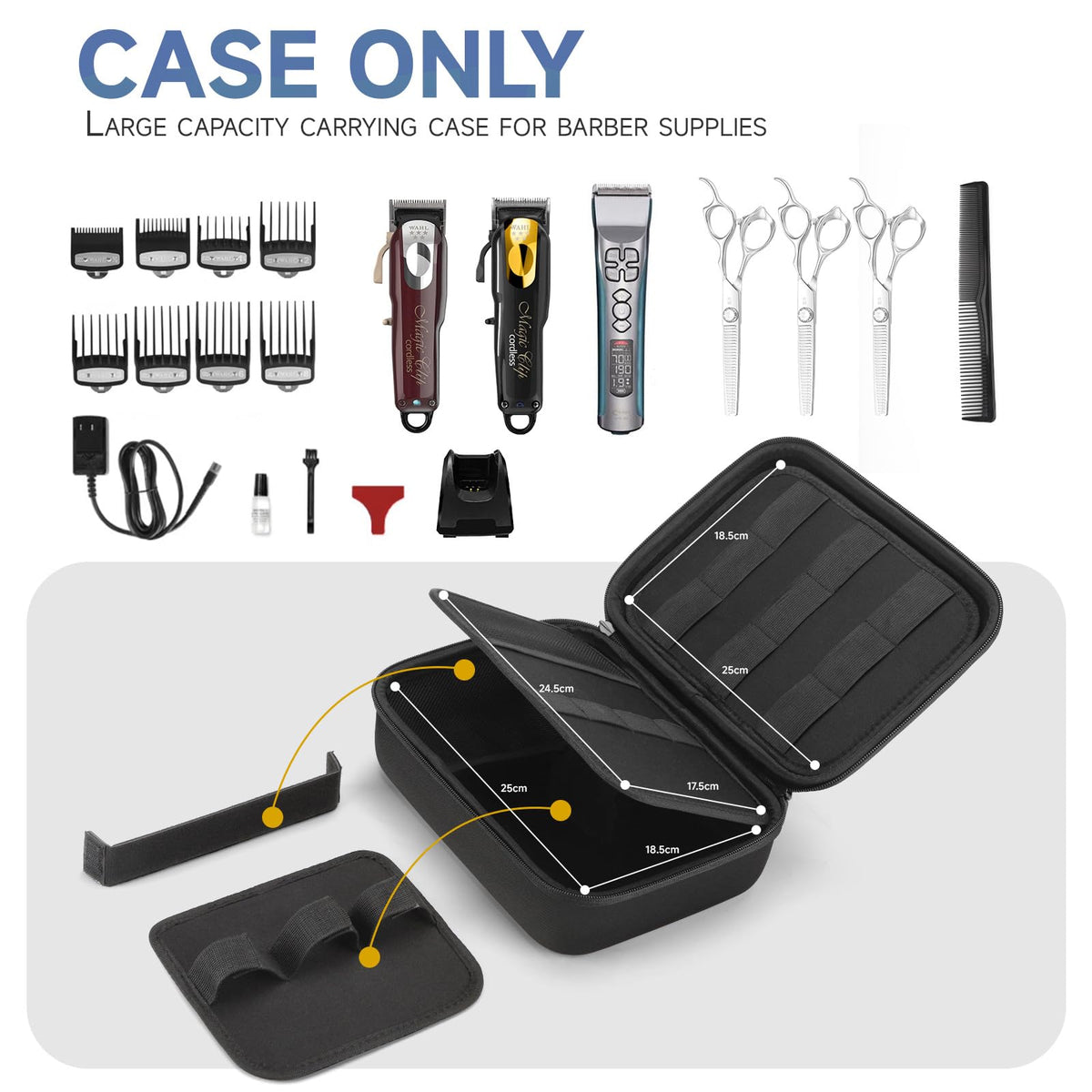 MOSLA barber kit organizer with mesh pocket keeps cords and guards organized.