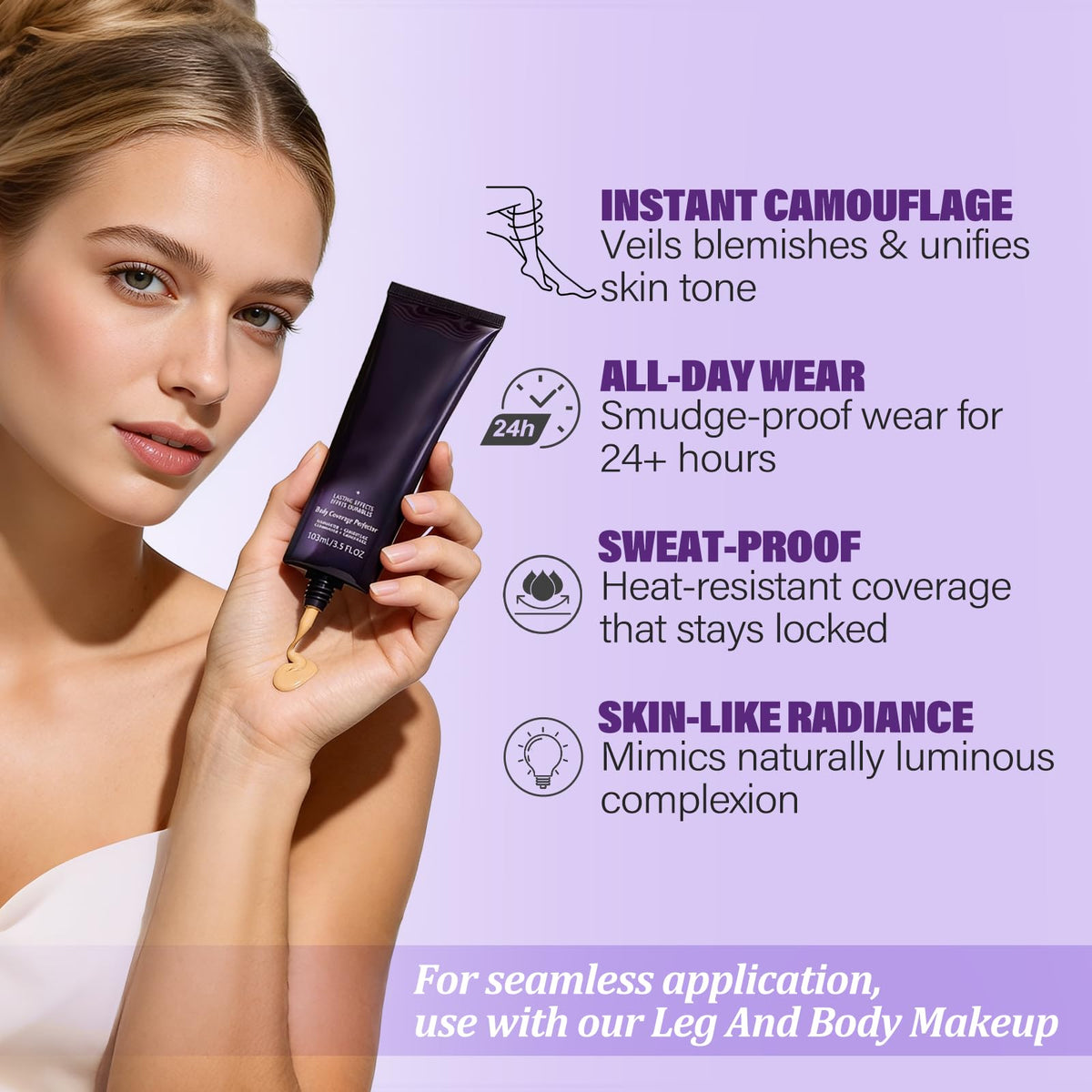 MOSSBIQ Body Makeup demonstrates even skin tone blending for a flawless finish.