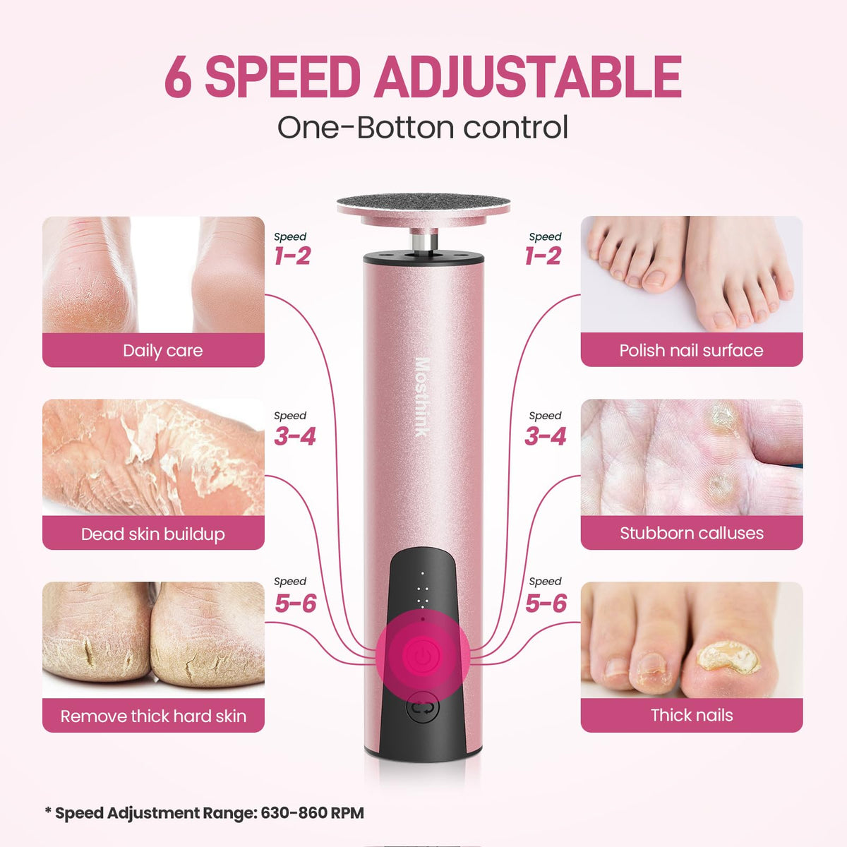 Mosthink 6-speed foot file for customizable exfoliation.