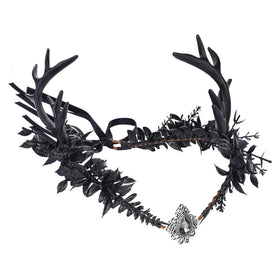 MOSTORY Black Flower Antler Crown closeup showing lifelike petals and detailing for elegant costume styling