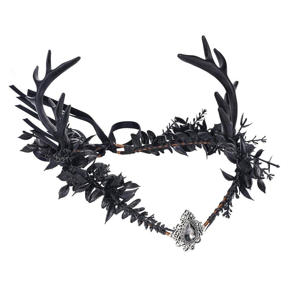 MOSTORY Black Flower Antler Crown closeup showing lifelike petals and detailing for elegant costume styling
