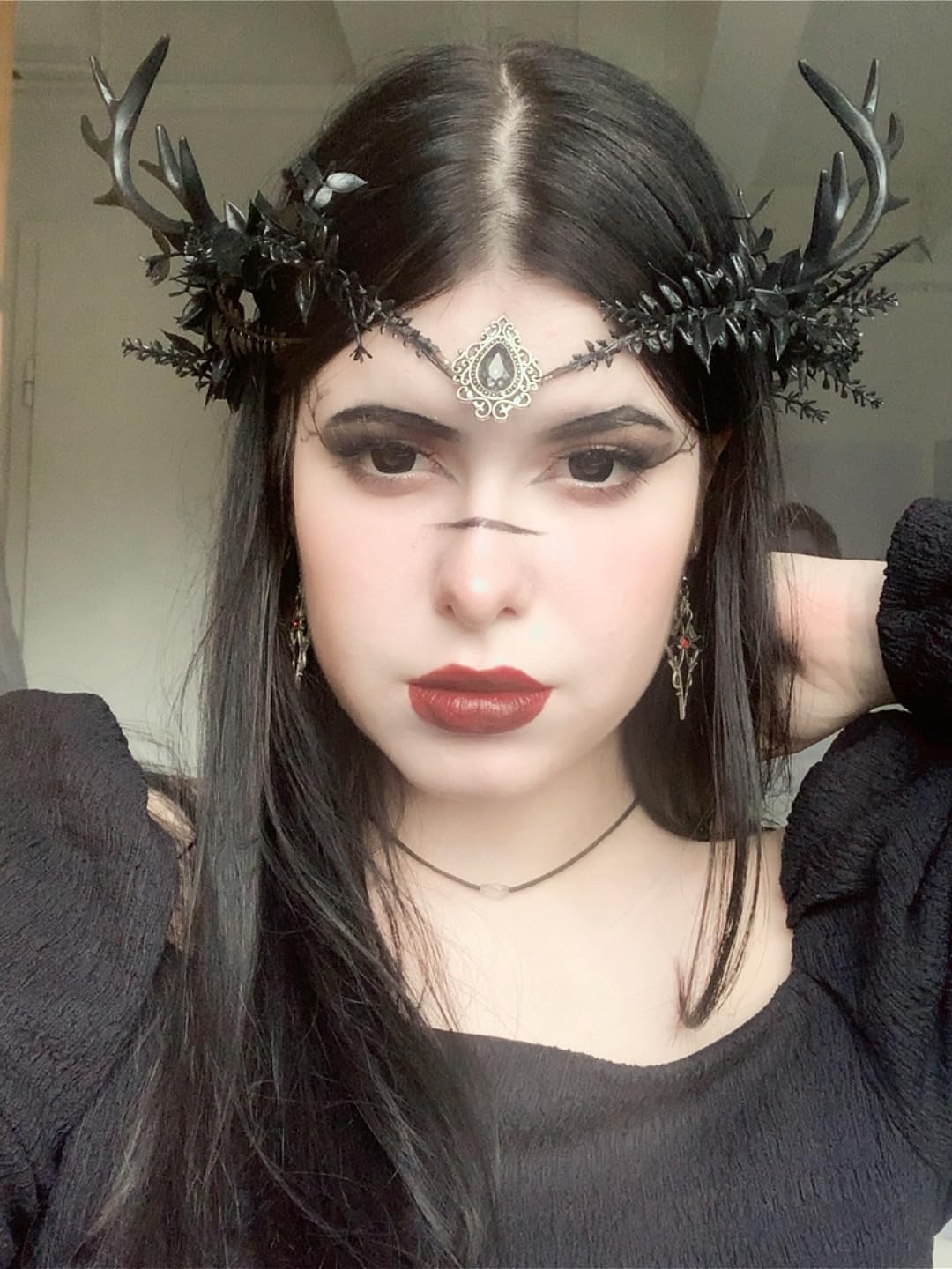 MOSTORY Black Flower Antler Crown worn with dark gown for dramatic Renaissance flair