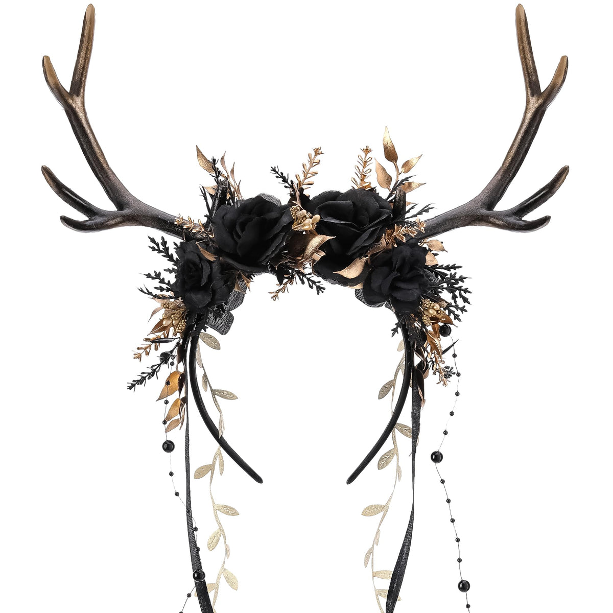 MOSTORY Black Flower Reindeer Headpiece with dark antlers and vine tassels for gothic cosplay